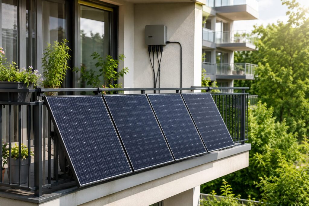 Balkonkraftwerk Gesetz 2026: Diese Regeln sollten Sie wirklich kennen Mann hält ein Schild mit den wichtigsten Balkonkraftwerk-Gesetzen vor Solarmodulen auf einem Balkon in Deutschland.