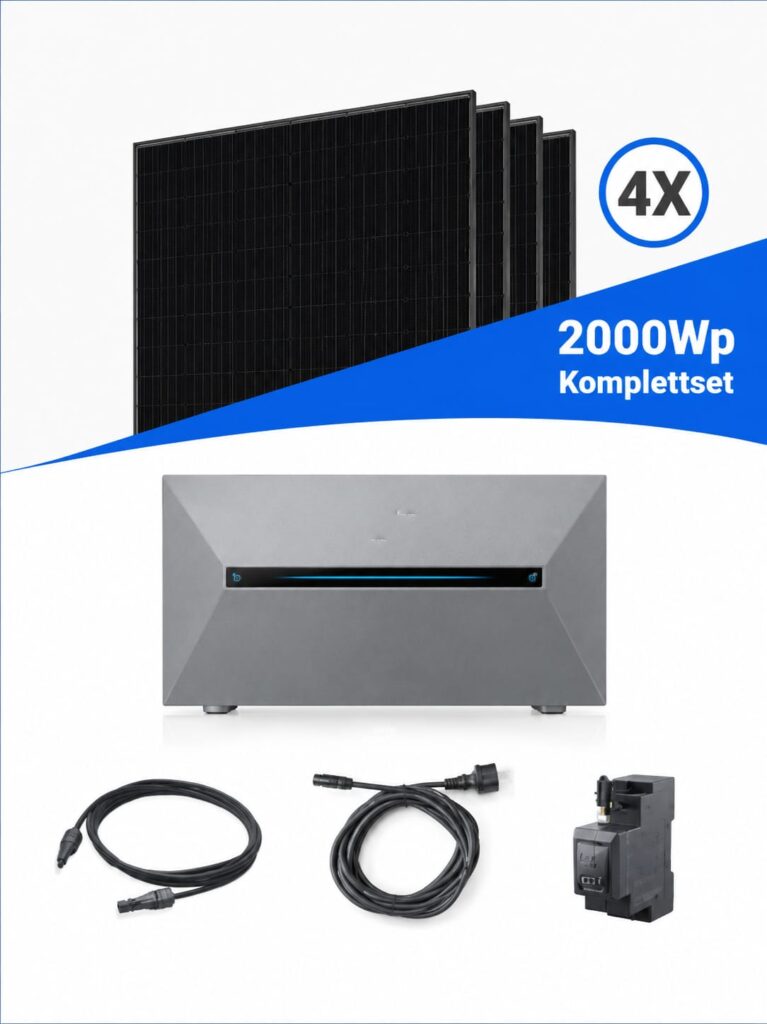 Balkonkraftwerk 2000 Watt mit Speicher und vier Solarmodulen als Komplettset für Haushalte in Deutschland.