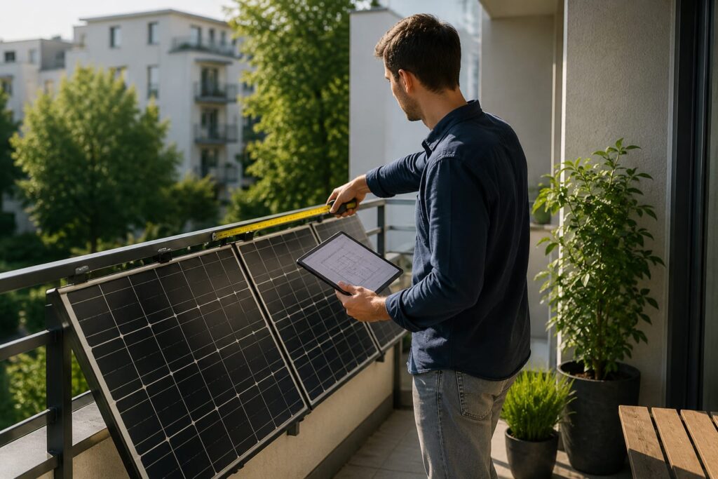Hausbesitzer misst den verfügbaren Platz für ein Balkonkraftwerk auf dem Balkon mit Solarmodulen.