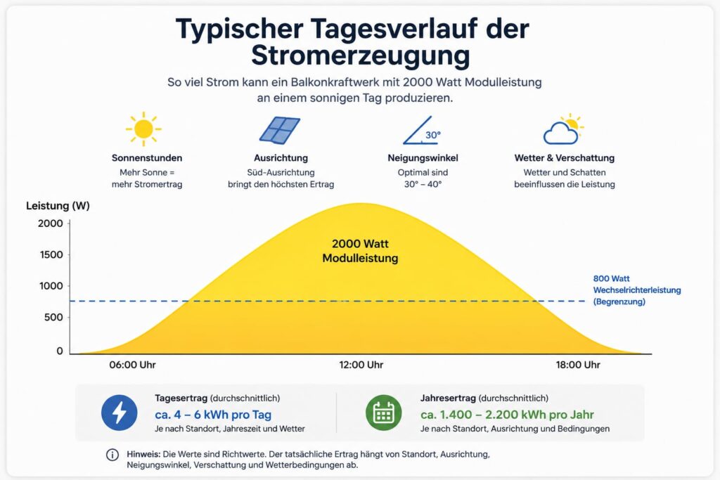 Infografik zur Stromproduktion eines 2000-Watt-Balkonkraftwerks mit Tagesverlauf, Ertragsdaten und Einflussfaktoren.