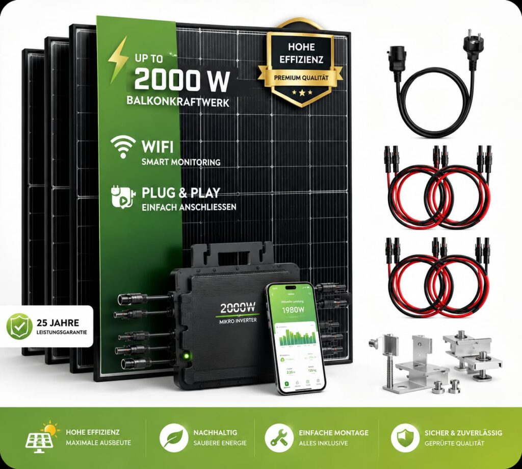 Balkonkraftwerk 2000 Watt mit Solarmodulen, Wechselrichter, WLAN-Überwachung und Montagematerial