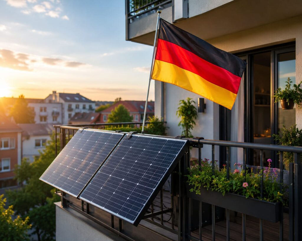 Balkonkraftwerk auf einem Balkon mit deutscher Flagge bei Sonnenuntergang