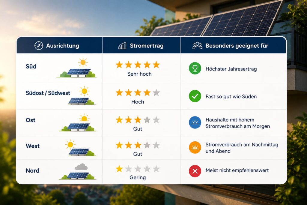 Vergleich der Balkonkraftwerk Ausrichtung mit Stromertrag für Süd, Südost, Ost, West und Nord