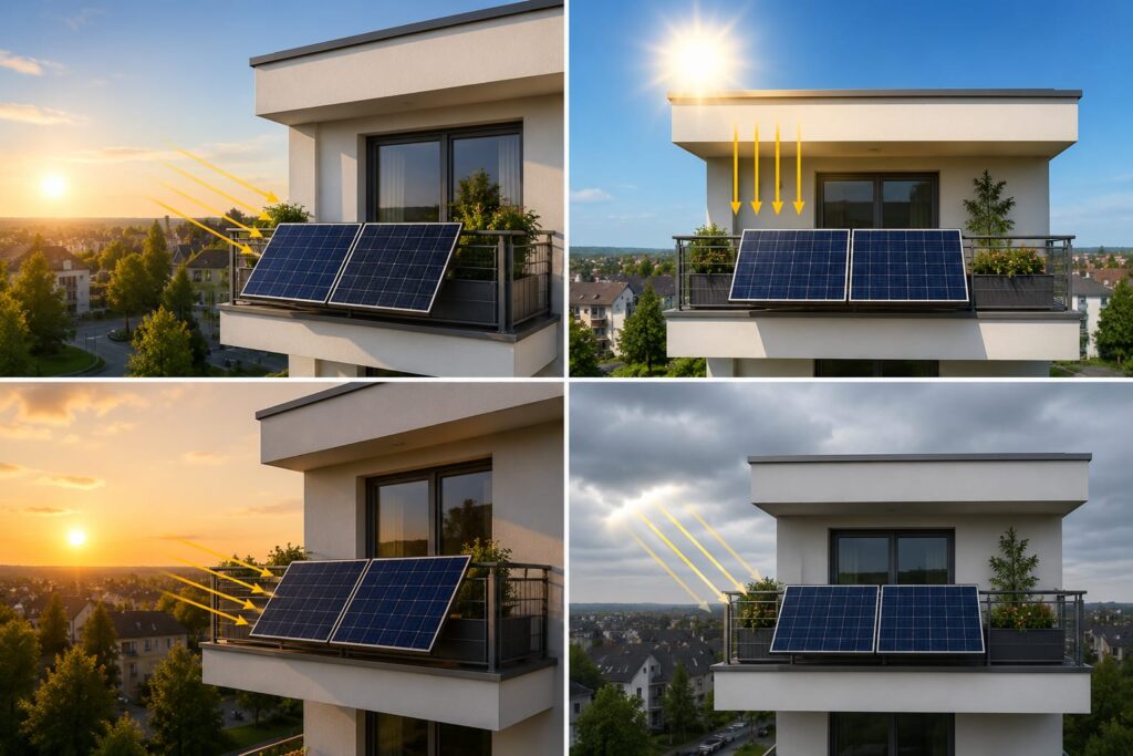 Balkonkraftwerk Ausrichtung Vergleich mit Solarmodulen nach Süd, Ost, West und Nord