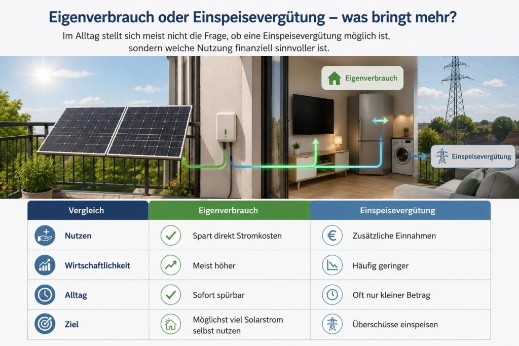 Vergleich zwischen Eigenverbrauch und Balkonkraftwerk Einspeisevergütung