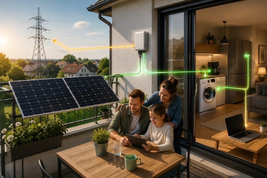 Familie nutzt selbst erzeugten Solarstrom mit einem Balkonkraftwerk und spart Stromkosten