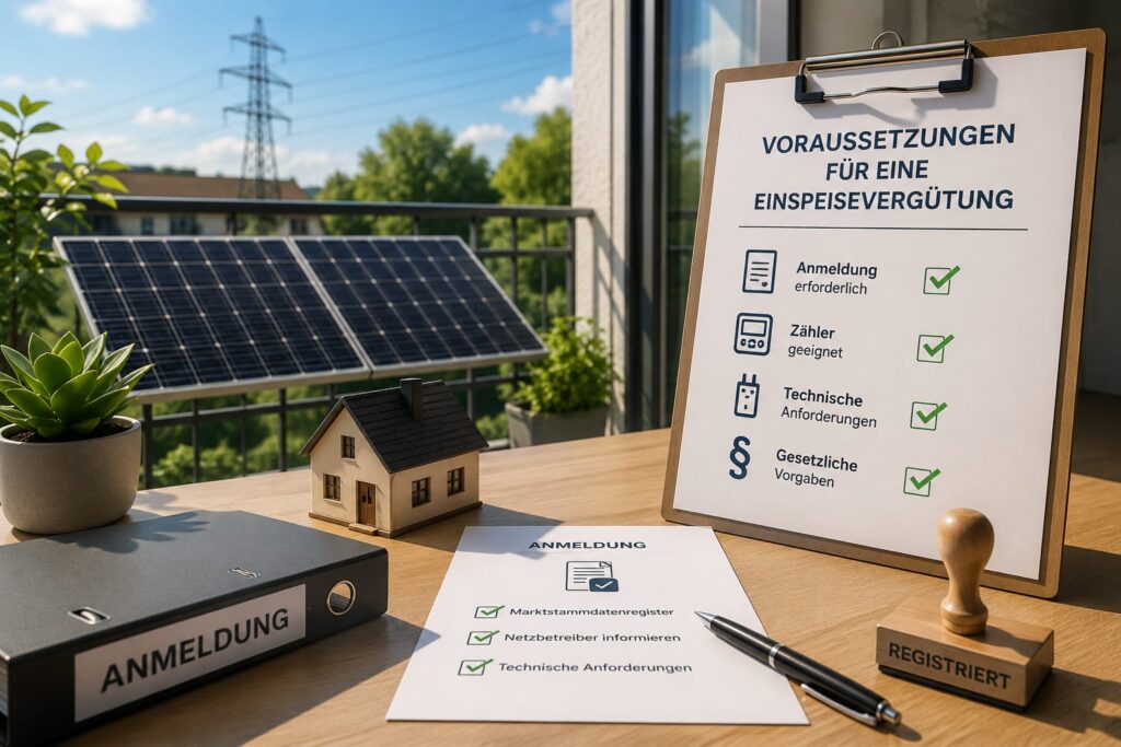 Voraussetzungen für die Balkonkraftwerk Einspeisevergütung mit Anmeldung und gesetzlichen Anforderungen