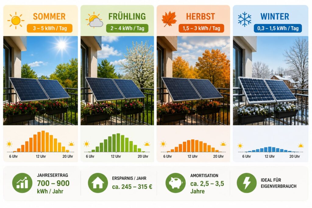 Balkonkraftwerk Tagesertrag im Sommer, Frühling, Herbst und Winter mit Vergleich der Stromproduktion