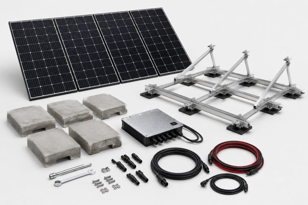 Balkonkraftwerk Flachdach Kosten mit Solarmodulen, Flachdachhalterung, Ballaststeinen und Zubehör