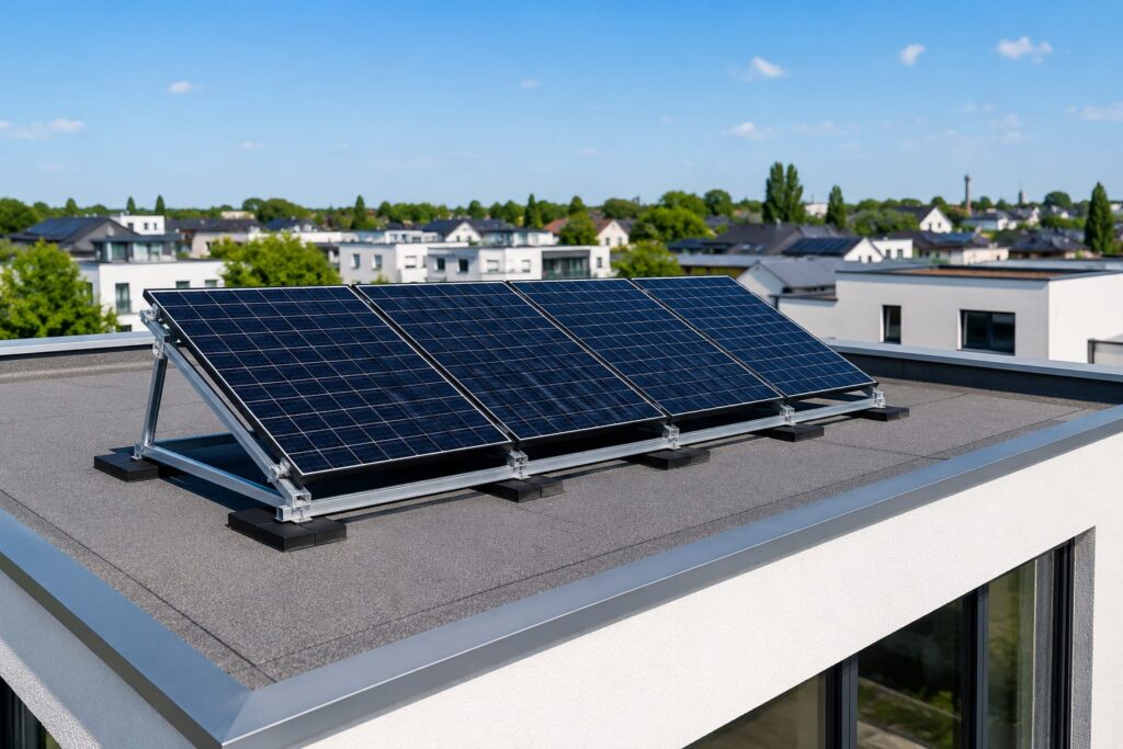 Balkonkraftwerk auf einem Flachdach mit aufgeständerten Solarmodulen bei sonnigem Wetter