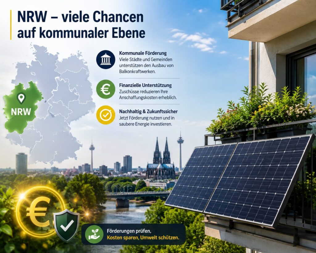 Balkonkraftwerk auf einem Balkon in Nordrhein-Westfalen mit Deutschlandkarte, NRW-Markierung und Informationen zu kommunalen Förderprogrammen