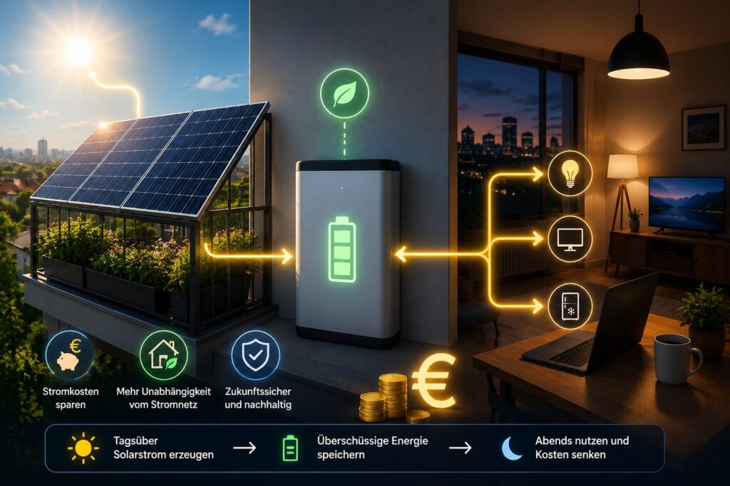Balkonkraftwerk mit Batteriespeicher auf einem Balkon, das tagsüber Solarstrom speichert und abends für Haushaltsgeräte bereitstellt.