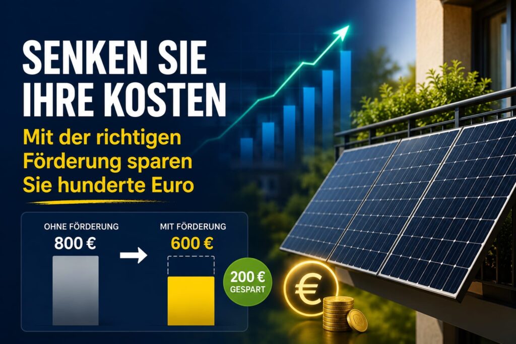 Balkonkraftwerk mit Solarmodulen auf einem Balkon, Förderungsvergleich mit Kostenersparnis und Finanzgrafik im Hintergrund