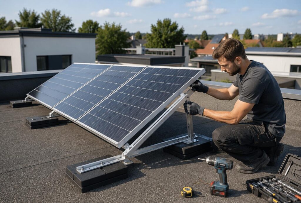 Solarmodule mit Flachdach-Halterung auf einem Flachdach während der Montage