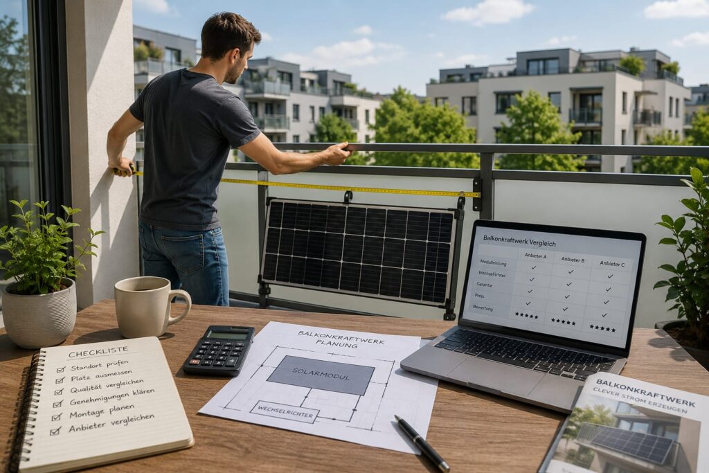 Planung eines Balkonkraftwerks vor dem Kauf auf einem modernen Balkon
