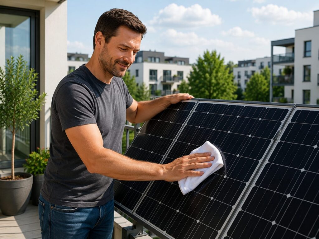 Mann vergleicht Premium- und Standard-Balkonkraftwerk auf einem Laptop vor Solarmodulen auf dem Balkon