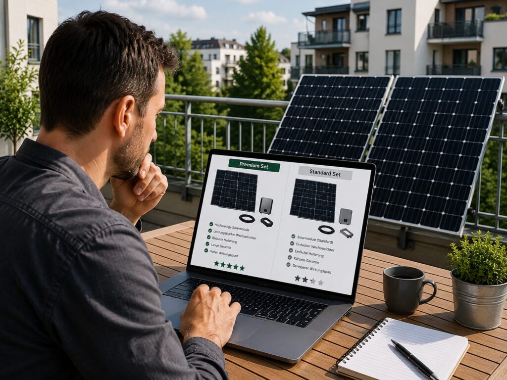 Mann vergleicht Premium- und Standard-Balkonkraftwerk auf einem Laptop vor Solarmodulen auf dem Balkon
