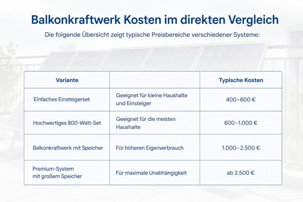 Vergleich der Balkonkraftwerk Kosten für Einsteigersets, 800-Watt-Anlagen und Systeme mit Speicher