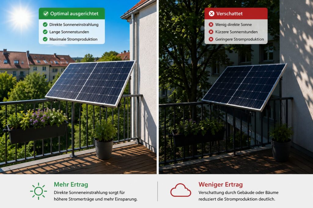 Vergleich eines sonnigen und eines verschatteten Balkons mit Balkonkraftwerk und unterschiedlicher Sonneneinstrahlung.