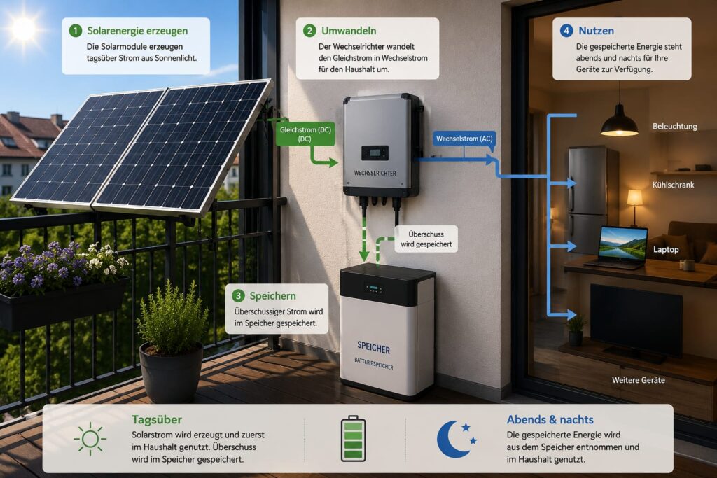 Balkonkraftwerk mit Batteriespeicher, Wechselrichter und Solarmodulen zur Speicherung und Nutzung von Solarstrom im Haushalt.
