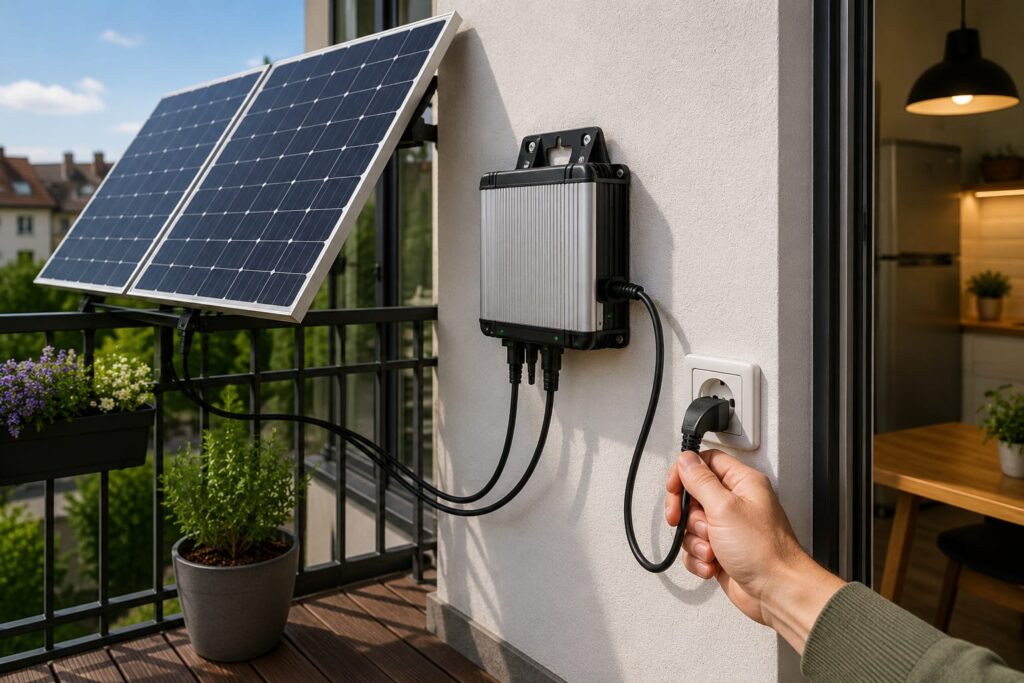 Balkonkraftwerk mit Solarmodulen, Wechselrichter und Anschlusskabel beim Einstecken in eine Haushaltssteckdose