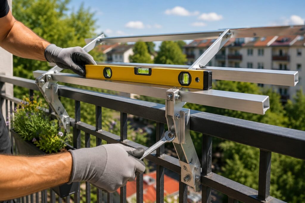 Balkonkraftwerk Halterung mit Wasserwaage exakt ausrichten und sicher montieren