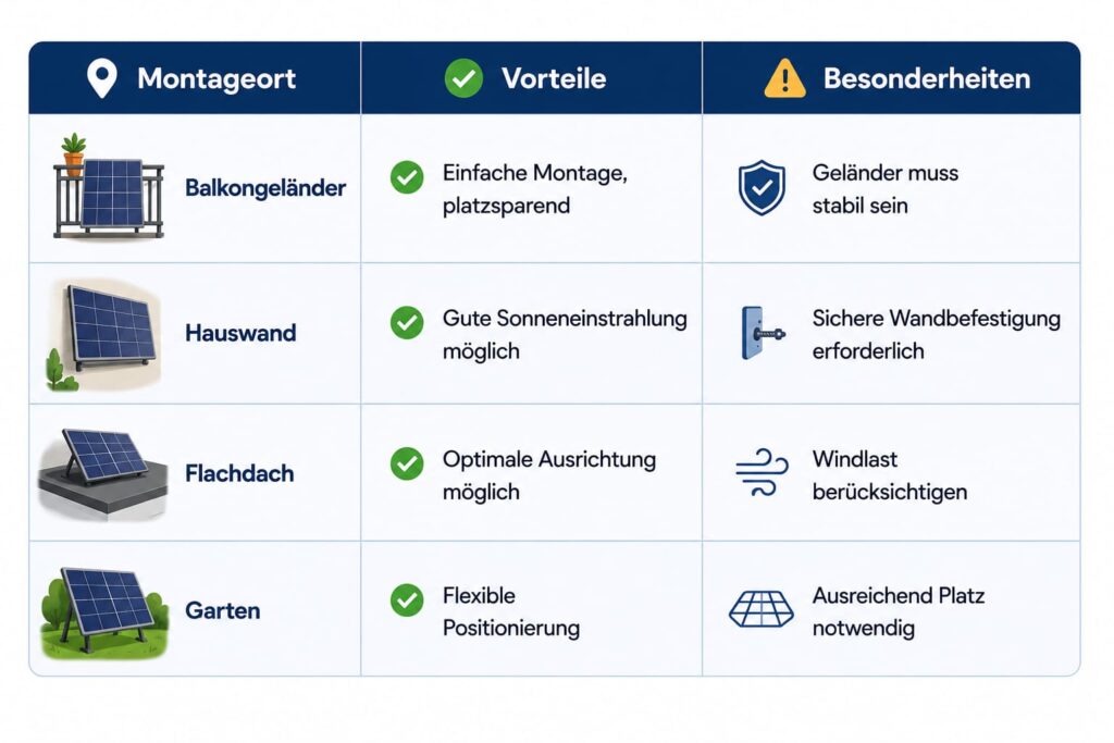 Balkonkraftwerk Montageorte im Vergleich – Balkon, Hauswand, Flachdach und Garten