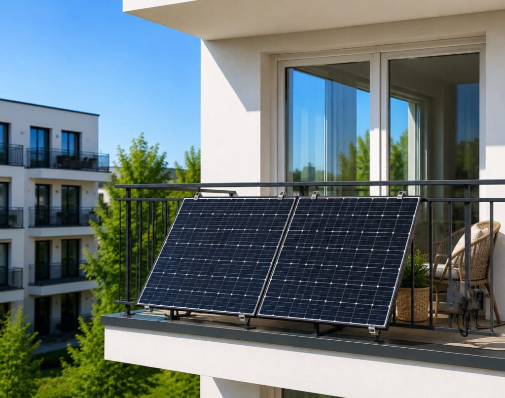 Balkonkraftwerk ohne Speicher auf einem modernen Balkon eines Mehrfamilienhauses