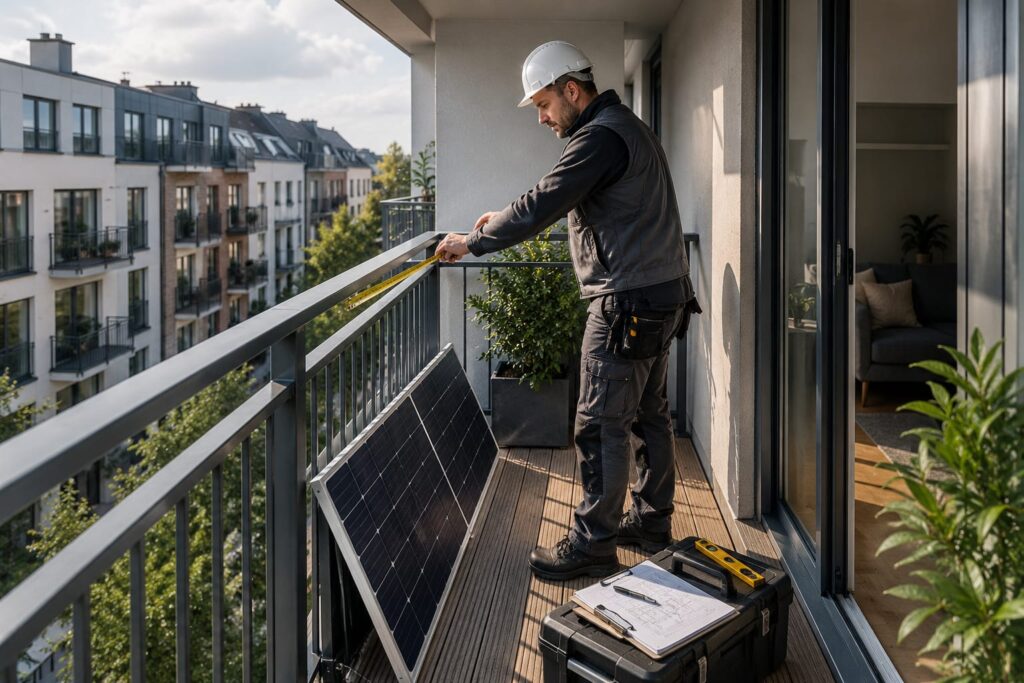 Techniker misst einen Balkon für die Installation eines Balkonkraftwerks mit Solarmodul