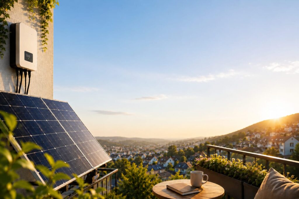 Balkonkraftwerk Ratgeber mit Solarmodulen auf einem Balkon zur Stromerzeugung