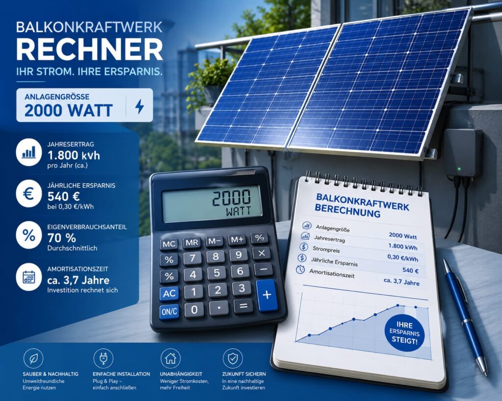 Balkonkraftwerk Rechner mit 2000 Watt Solaranlage, Taschenrechner und Berechnungen zur Stromersparnis auf blauem Hintergrund.