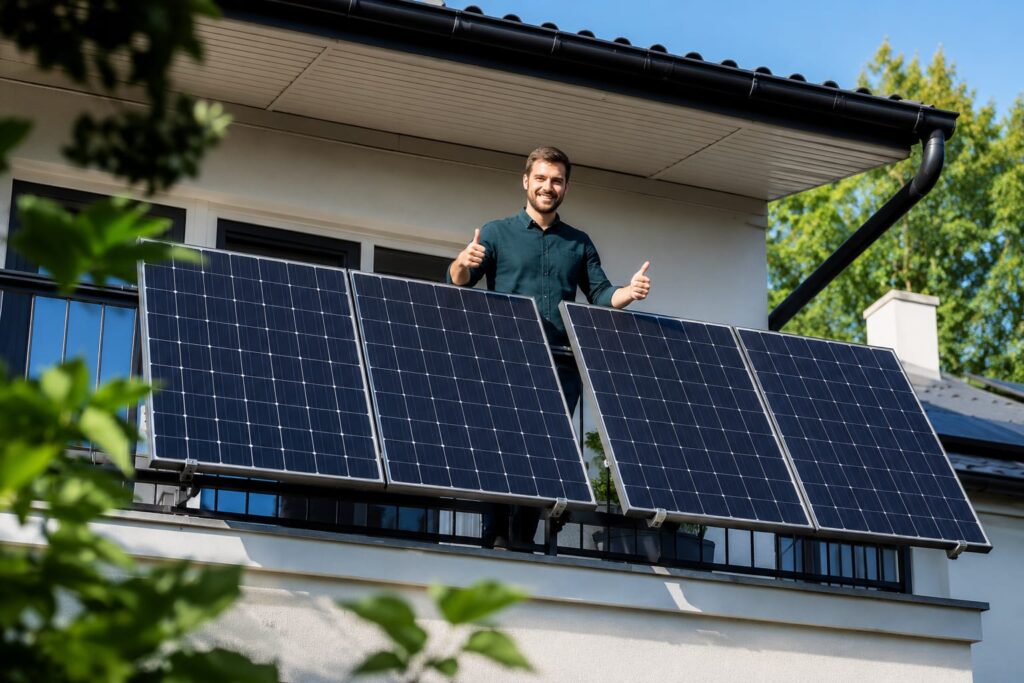 Mann auf dem Balkon mit modernem Balkonkraftwerk und mehreren Solarmodulen an einem Einfamilienhaus