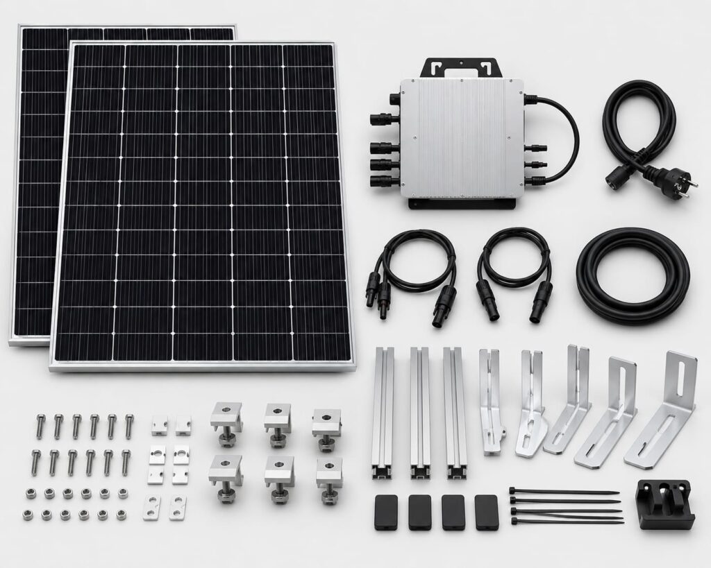 Bestandteile eines Balkonkraftwerk-Komplettsets mit Solarmodulen, Wechselrichter, Halterung, Kabeln und Montagematerial