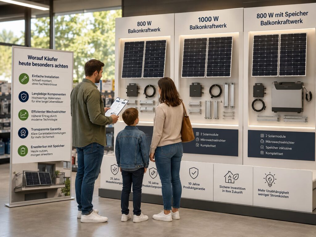Familie vergleicht verschiedene Balkonkraftwerk-Komplettsets in einem modernen Solar-Fachgeschäft