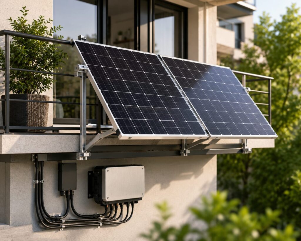 Hochwertiges Balkonkraftwerk mit Solarmodulen, Wechselrichter und stabiler Halterung auf einem Balkon