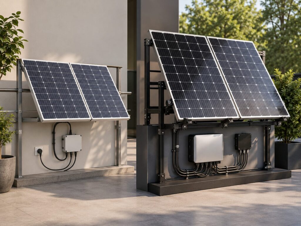 Vergleich zwischen einem einfachen und einem hochwertigen Balkonkraftwerk mit Solarmodulen und Wechselrichter