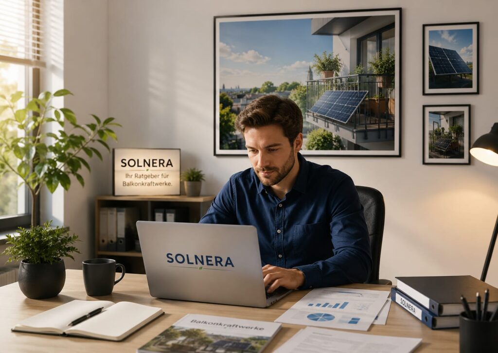 Mann arbeitet an einem Laptop im Solnera Büro, während Bilder von Balkonkraftwerken an der Wand hängen.