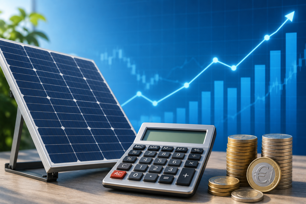 Balkonkraftwerk mit Solarmodul, Taschenrechner und Euro-Münzen vor einem blauen Diagramm zur Darstellung möglicher Stromkostenersparnisse.