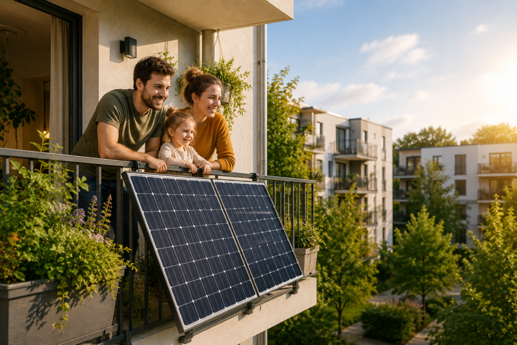 Familie auf einem Balkon mit Balkonkraftwerk und Solarmodulen an einem modernen Mehrfamilienhaus bei sonnigem Wetter.