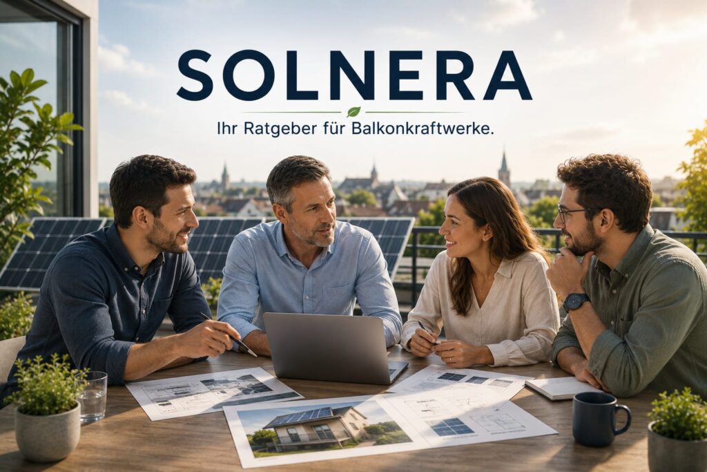 Solnera team discussing Balkonkraftwerk solutions around a table with solar panels in the background and the slogan “Ihr Ratgeber für Balkonkraftwerke”.