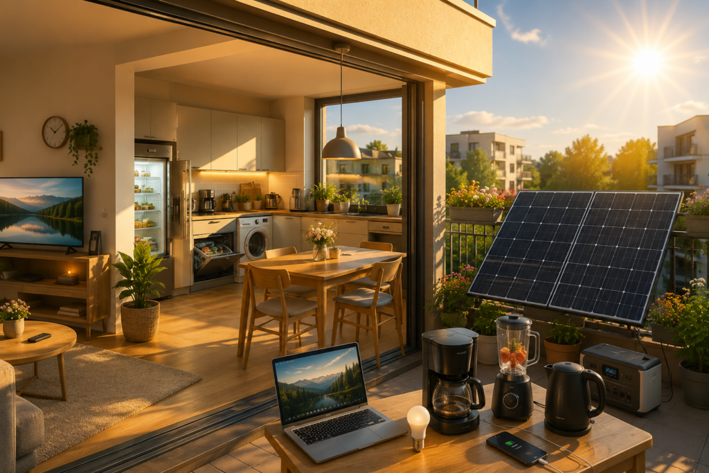 Sonniges Balkonkraftwerk auf einem Balkon mit Solarmodulen, während Fernseher, Kühlschrank, Laptop und Haushaltsgeräte im Hintergrund genutzt werden.