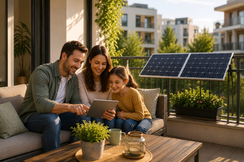 Familie informiert sich auf dem Balkon über Balkonkraftwerke und nachhaltige Energie