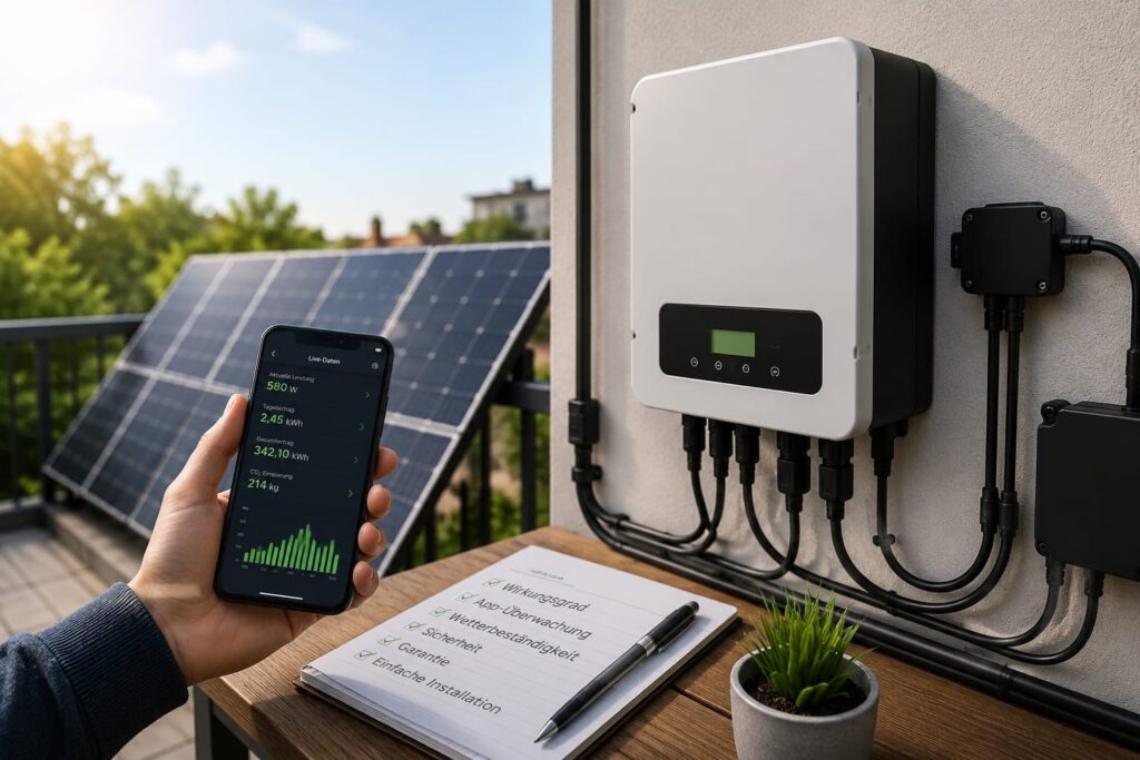 Balkonkraftwerk Wechselrichter mit Smartphone-App zur Überwachung der Stromproduktion auf einem Balkon mit Solarmodulen.
