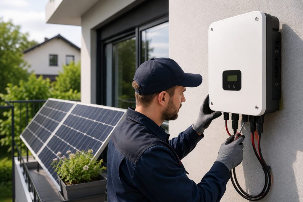 Techniker überprüft einen Wechselrichter an einem Balkonkraftwerk mit Solarmodulen auf einem modernen Balkon.