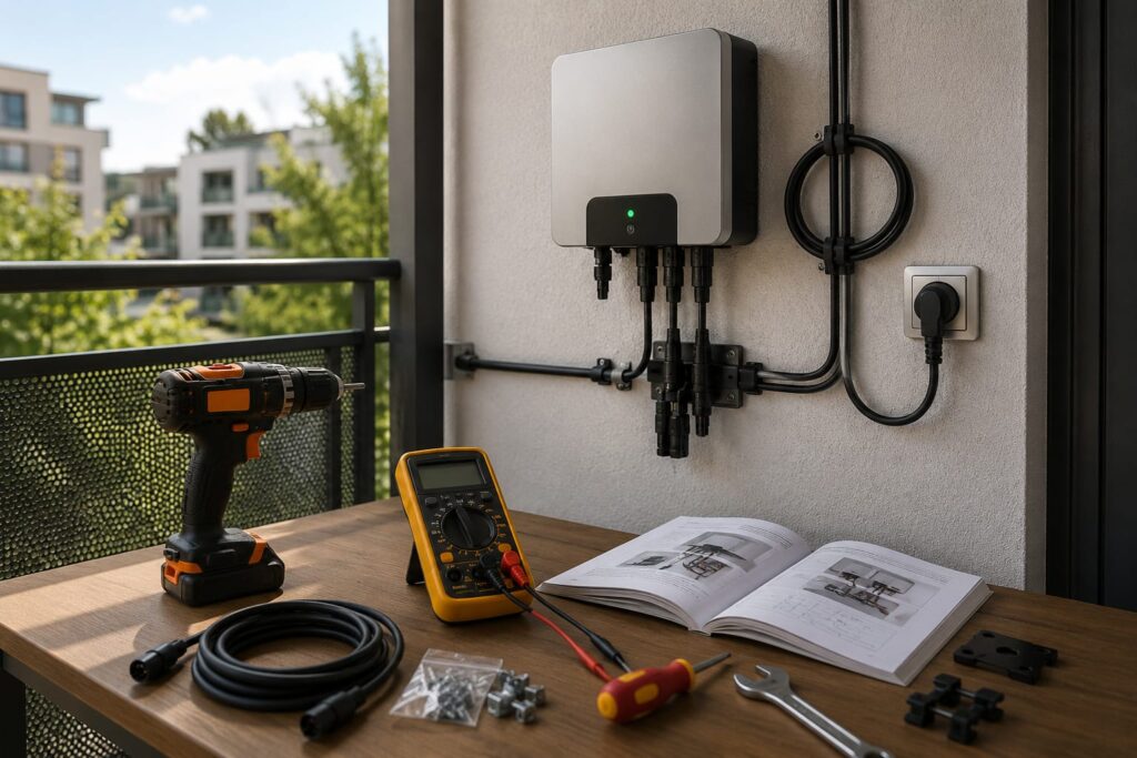 Technische Installation eines Balkonkraftwerks mit Wechselrichter, Kabeln und Werkzeugen