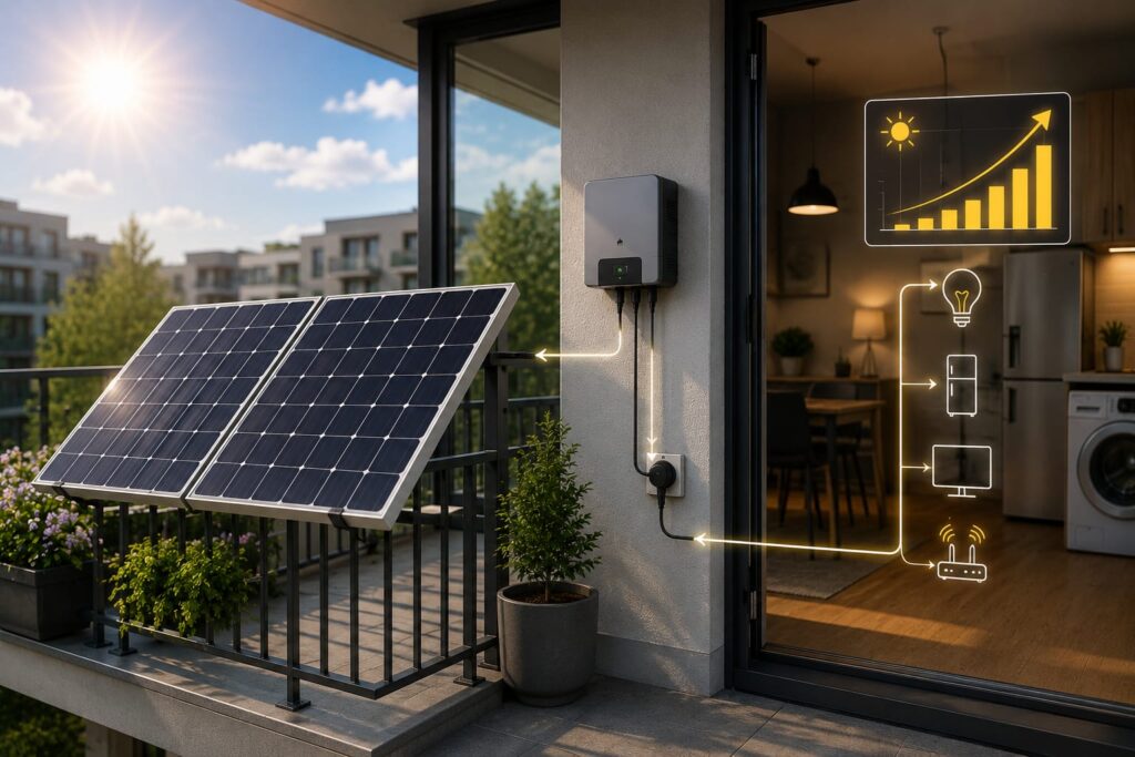 Balkonkraftwerk erzeugt Strom bei Sonnenschein auf einem Wohnungsbalkon