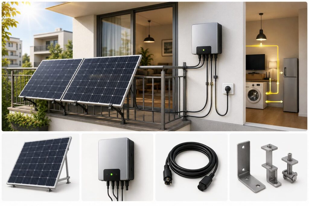 Bestandteile eines Balkonkraftwerks mit Solarmodulen, Wechselrichter, Kabeln und Befestigungssystem