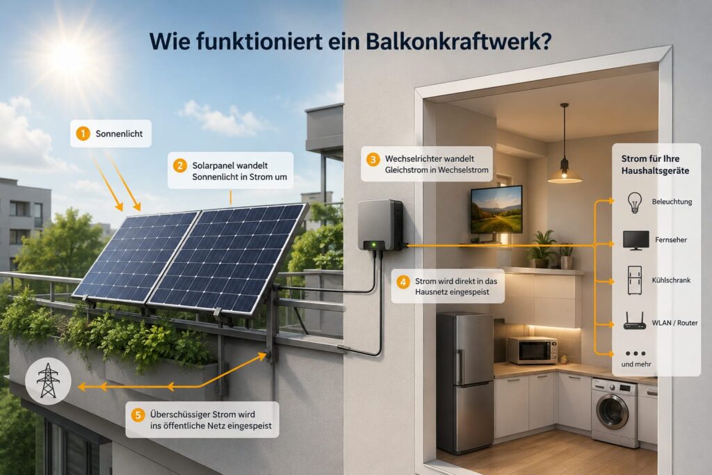 Wie funktioniert ein Balkonkraftwerk mit Solarmodulen, Wechselrichter und Stromversorgung im Haushalt