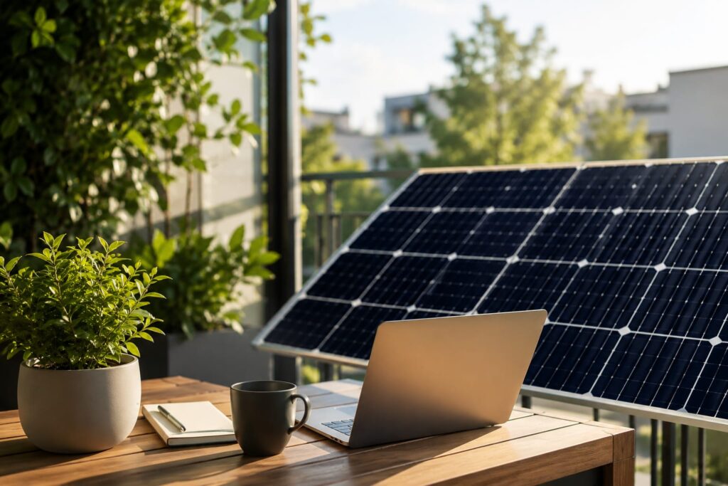 Solarteam recherchiert Balkonkraftwerke mit Solarmodulen und Laptop für unabhängige Beratung