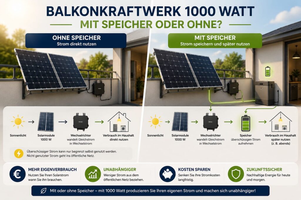 Vergleich eines 1000-Watt-Balkonkraftwerks mit und ohne Speicher zur Darstellung von Eigenverbrauch und Stromspeicherung.